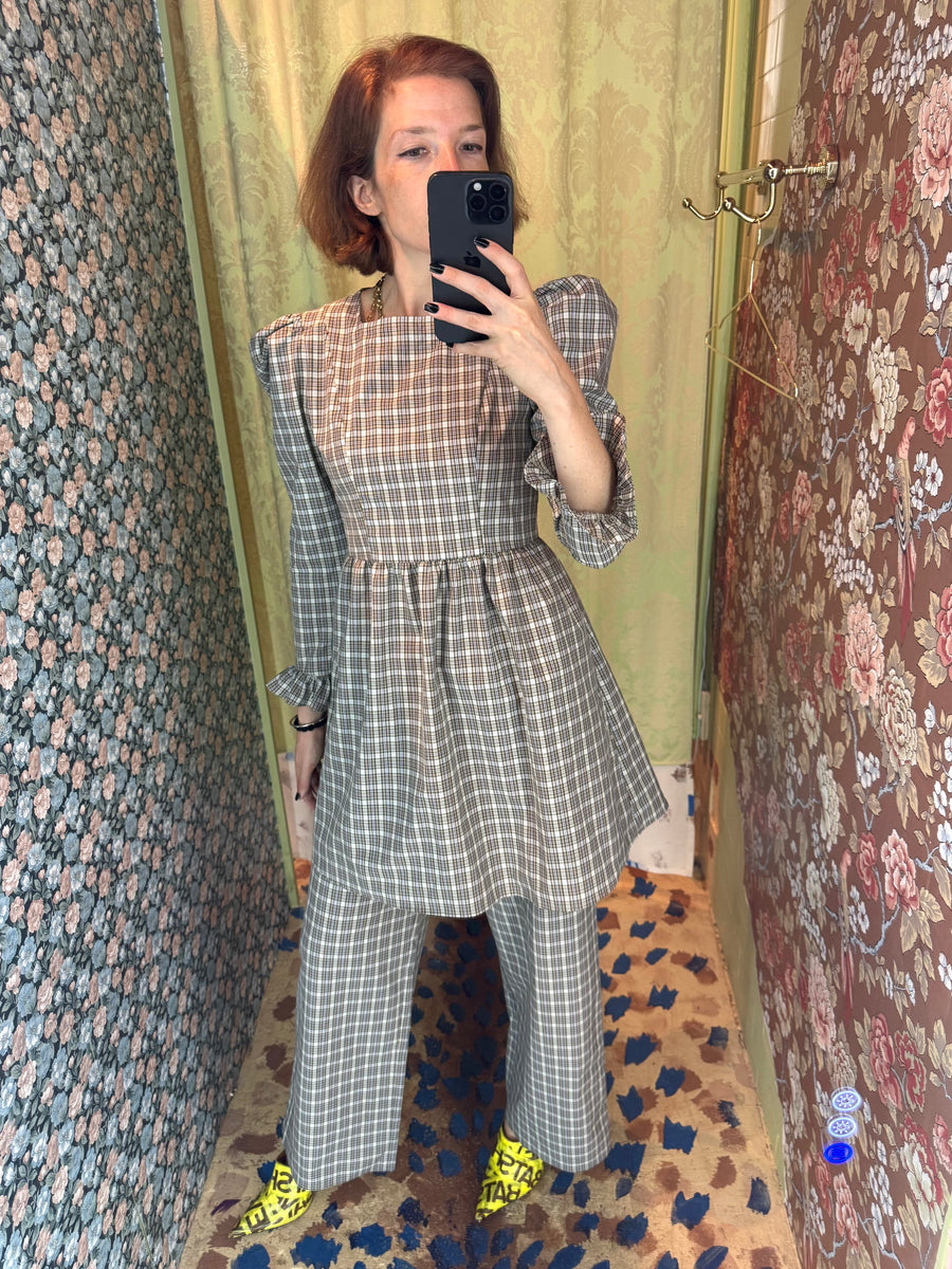 Square Neck Mini Prairie Dress in Beige Tartan