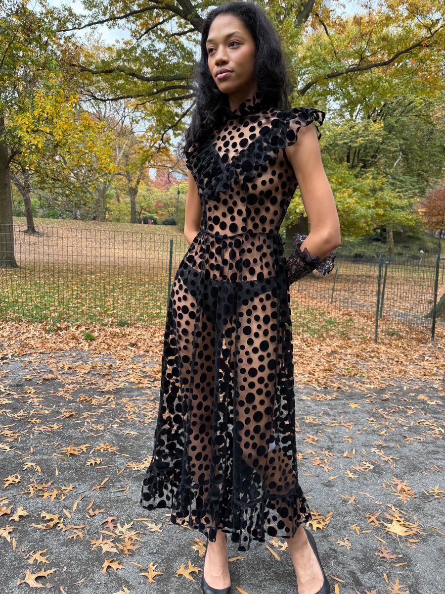 Caroline Dress in Black Flocked Dots