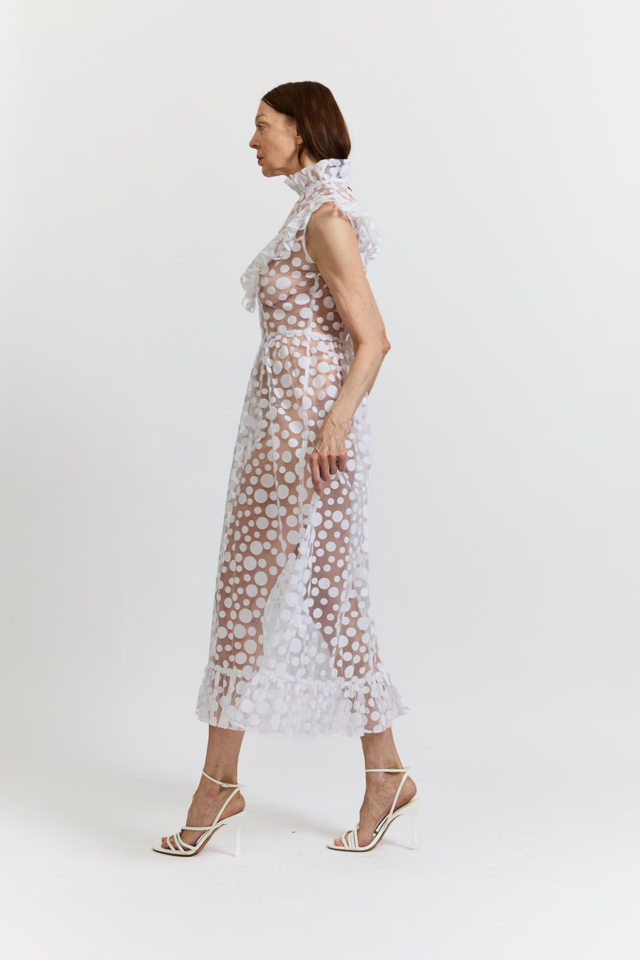 BATSHEVA - Caroline Dress in White Polka Dot Flocked Tulle