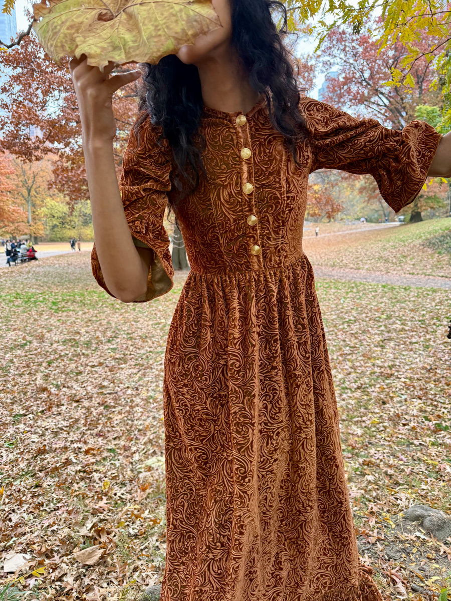 Ella Dress in Rust Embossed Velvet