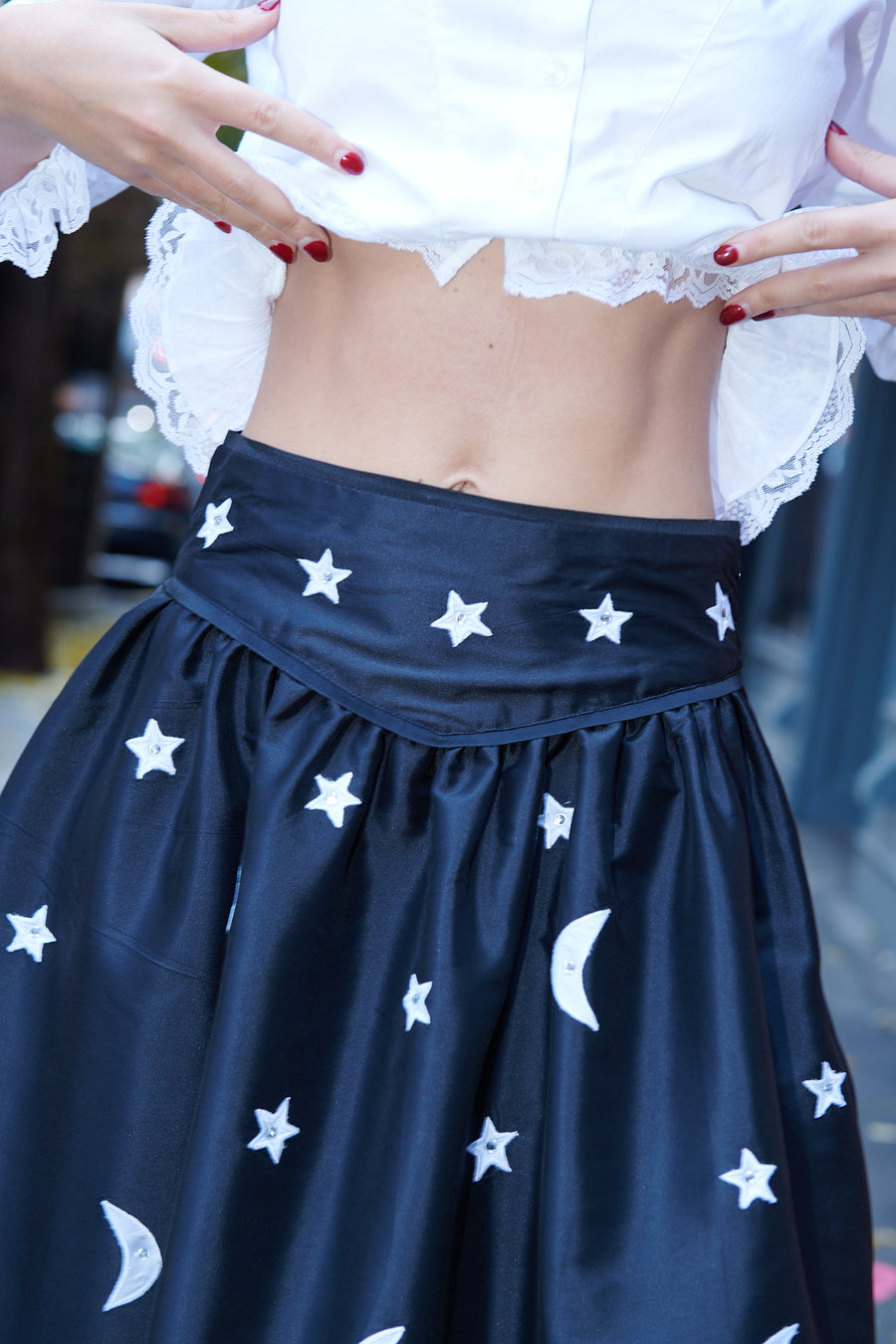 BATSHEVA - Ruffle Skirt in Rhinestone Moons and Stars