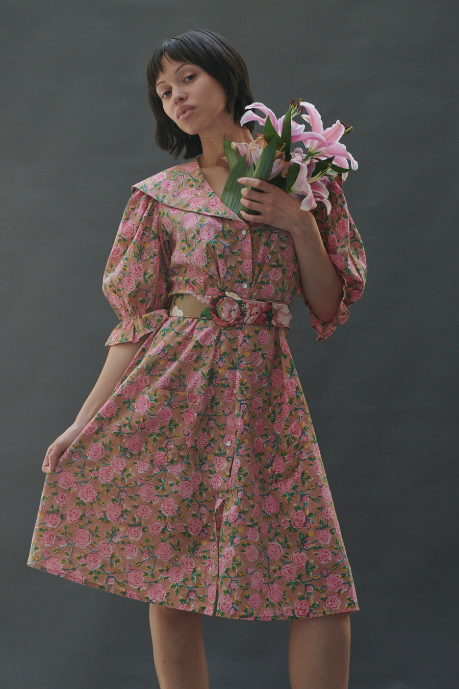 snap front cotton house dress Sailor Housedress in Beige Floral Multi / Large Elegant A Line Work Tavria Plus size or anyone with limited Size:BABY PINK -  JR.SM