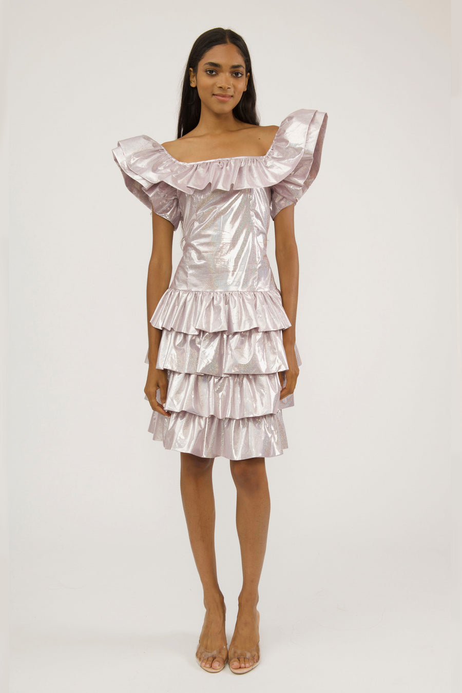 Sample Sale Layered Sleeveless Dress in Pink Holographic Lamé