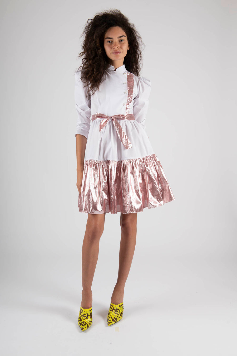 Sample Sale Midi Dress in White and Pink Lamé