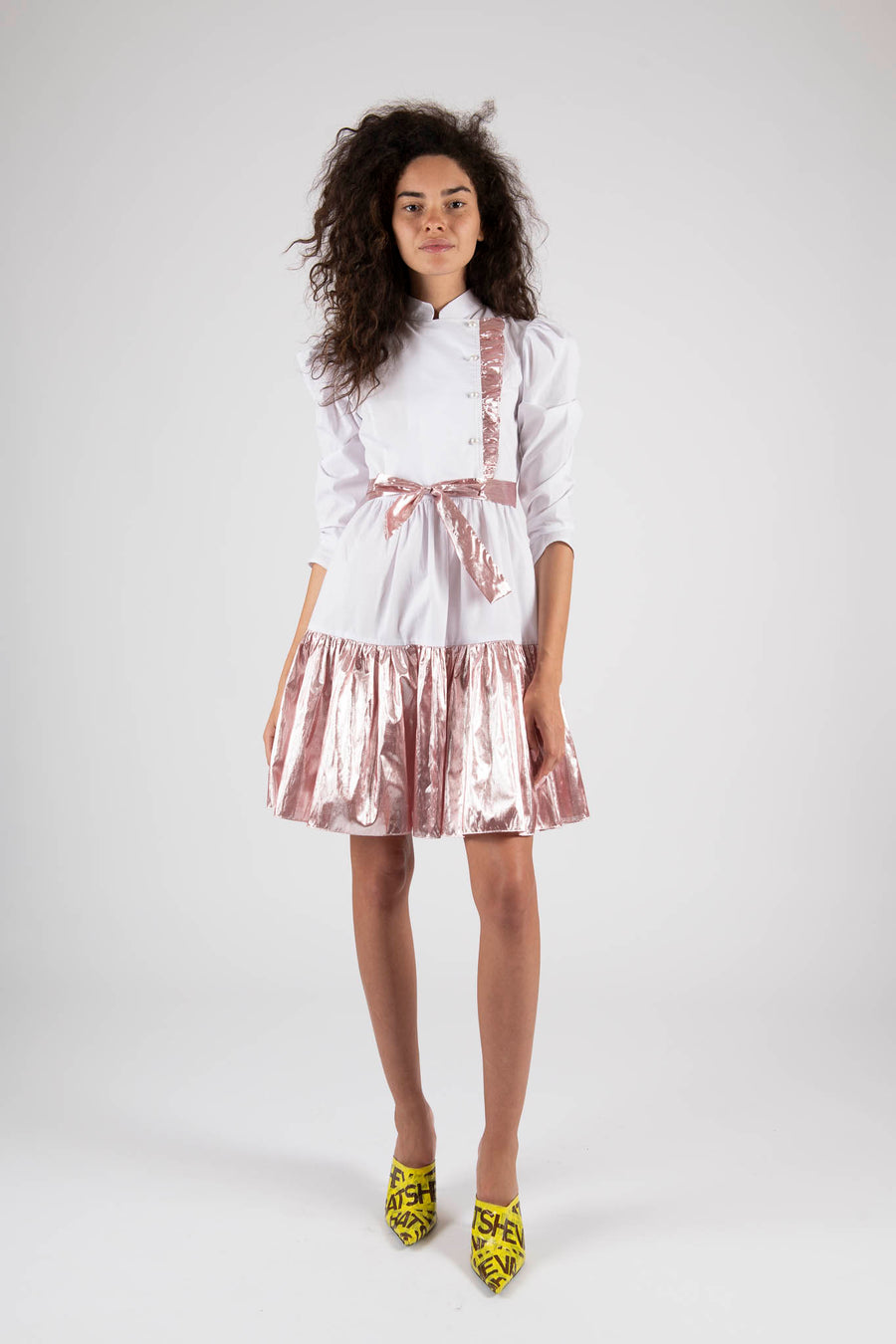 Sample Sale Midi Dress in White and Pink Lamé