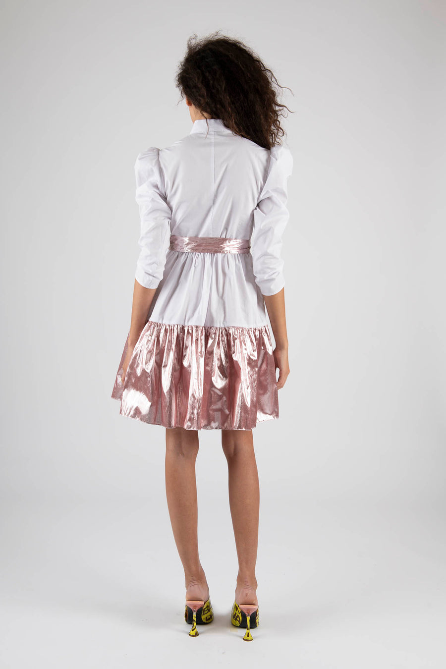 Sample Sale Midi Dress in White and Pink Lamé