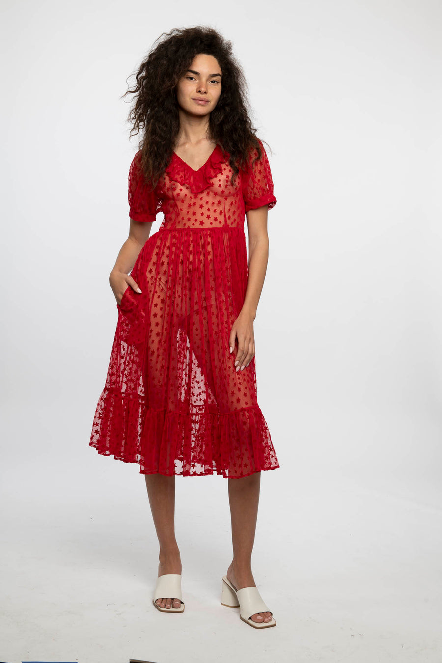 Ruffle May Dress in Red Flocked Star