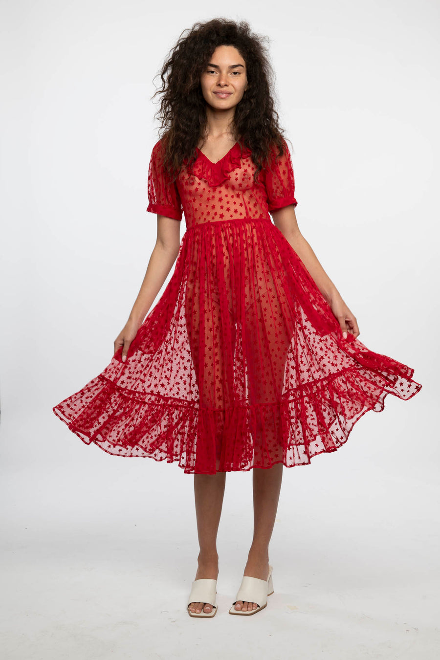 Ruffle May Dress in Red Flocked Star