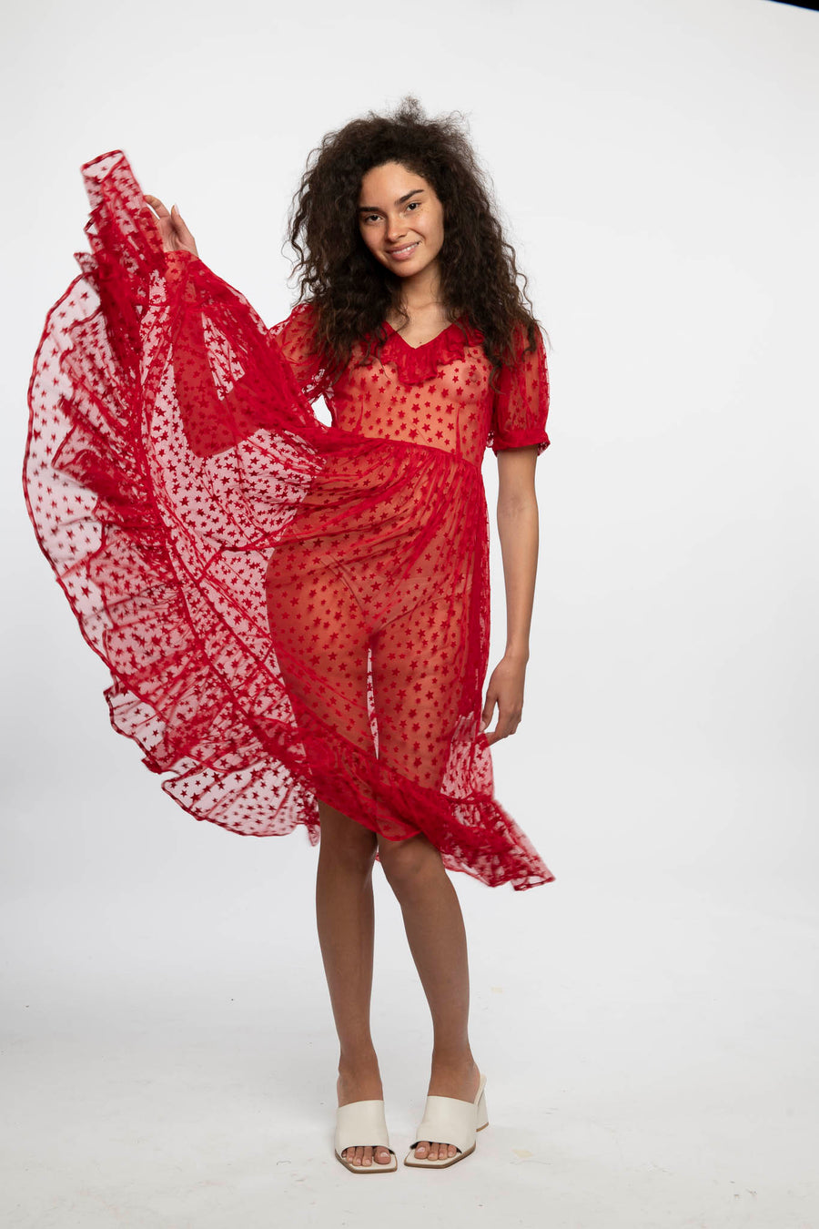 Ruffle May Dress in Red Flocked Star