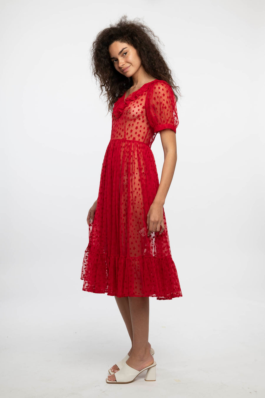 Ruffle May Dress in Red Flocked Star