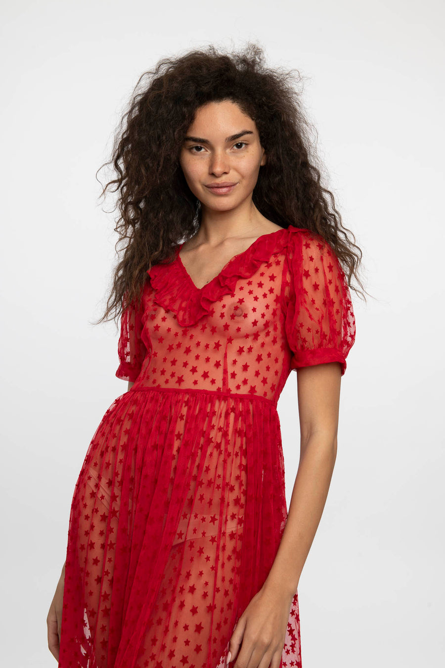 Ruffle May Dress in Red Flocked Star