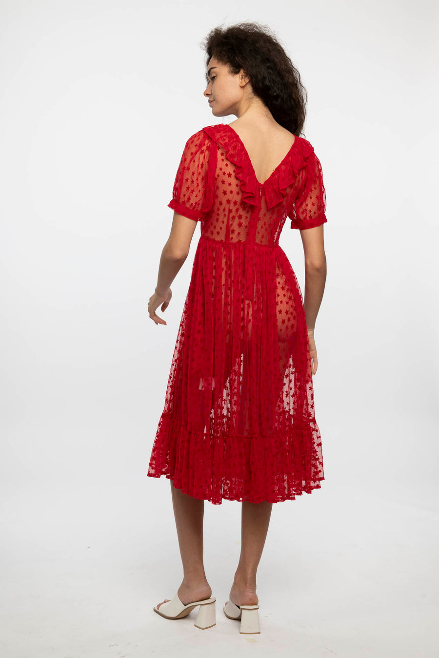 Ruffle May Dress in Red Flocked Star