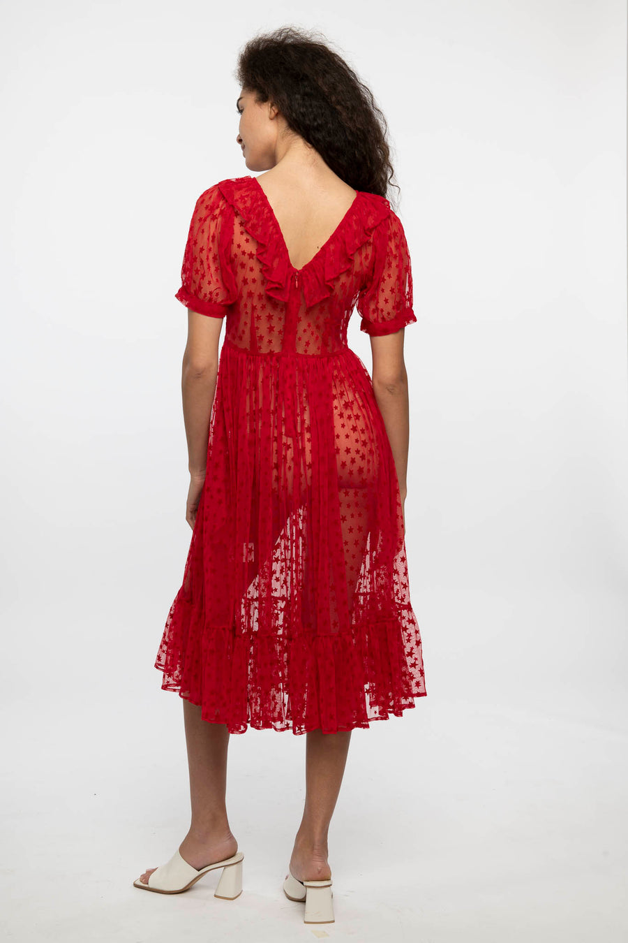 Ruffle May Dress in Red Flocked Star