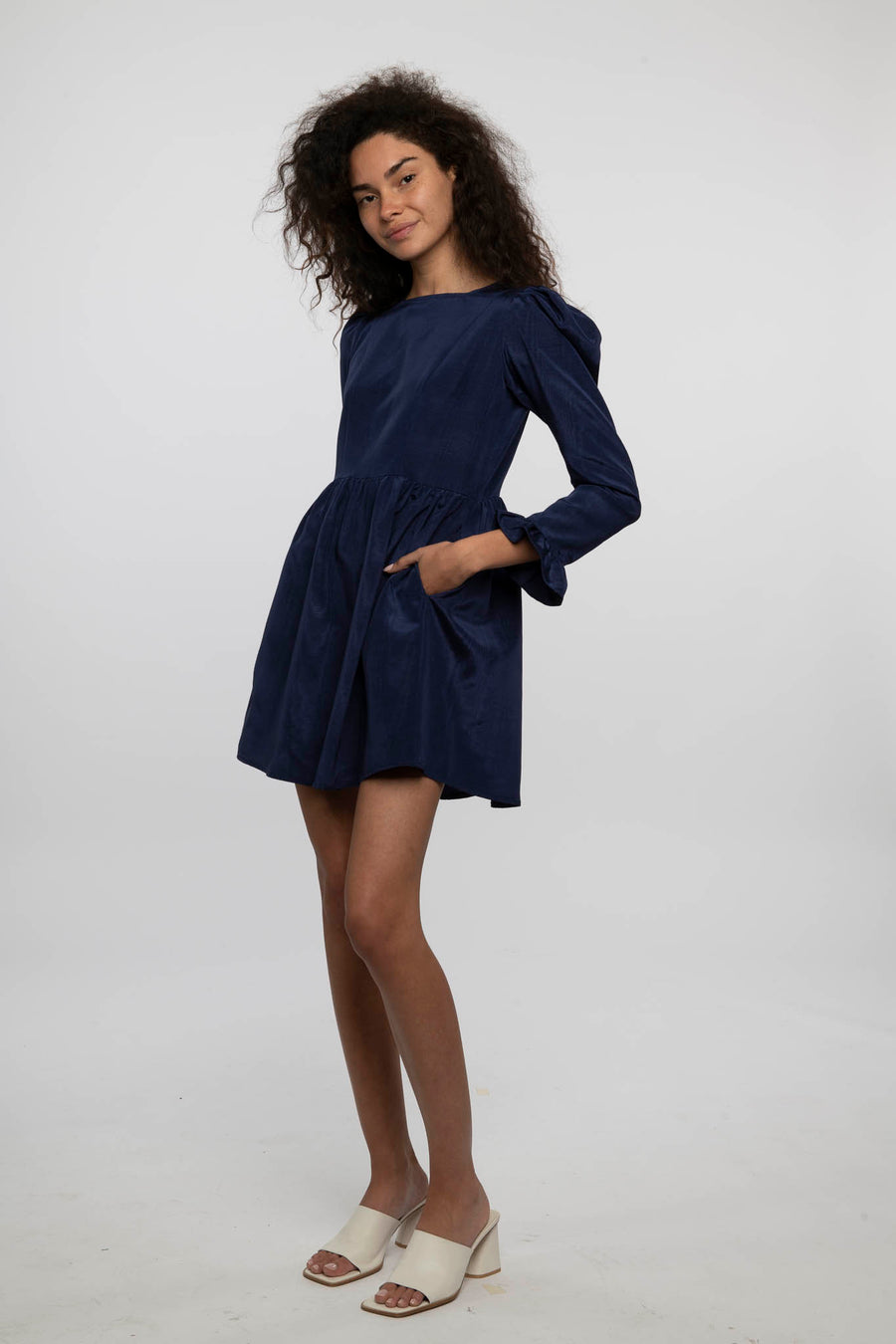 Square Neck Mini Prairie Dress in Navy Moiré