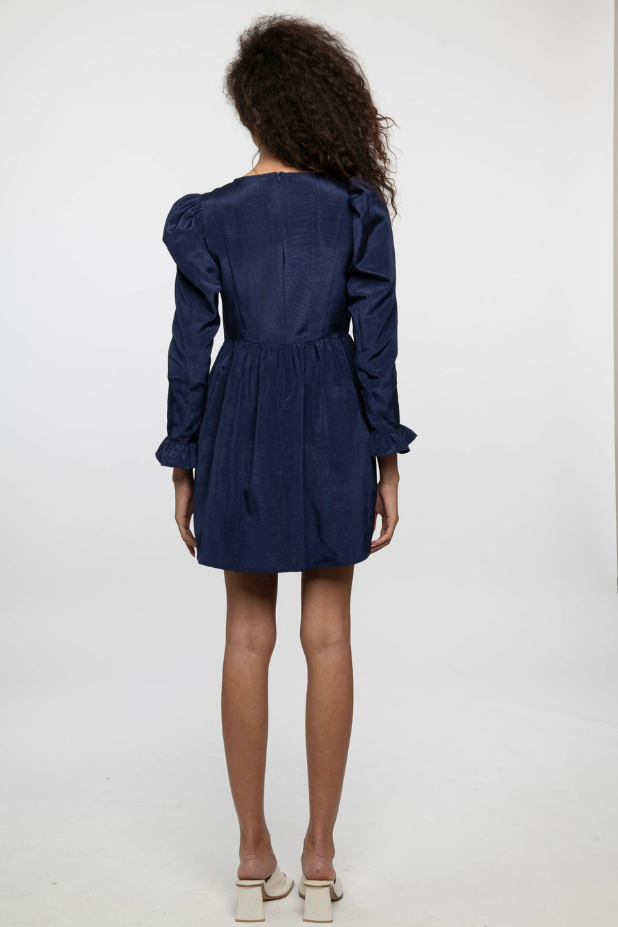 Square Neck Mini Prairie Dress in Navy Moiré