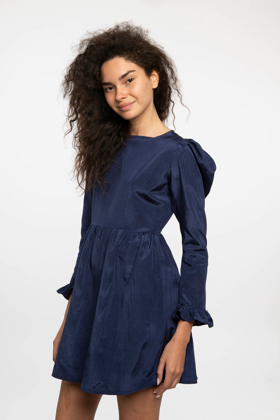 Square Neck Mini Prairie Dress in Navy Moiré