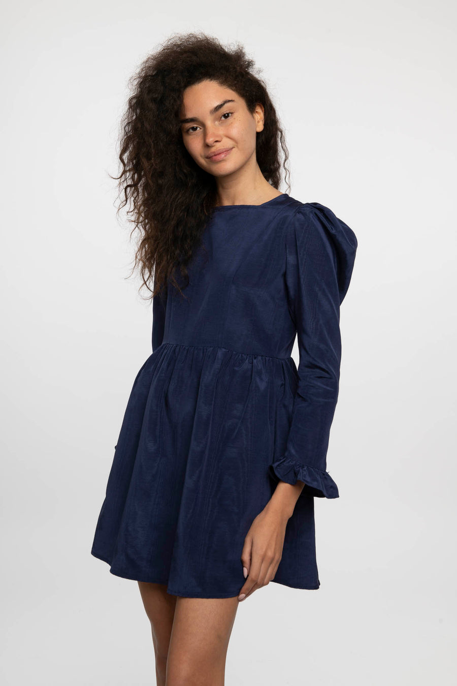 Square Neck Mini Prairie Dress in Navy Moiré