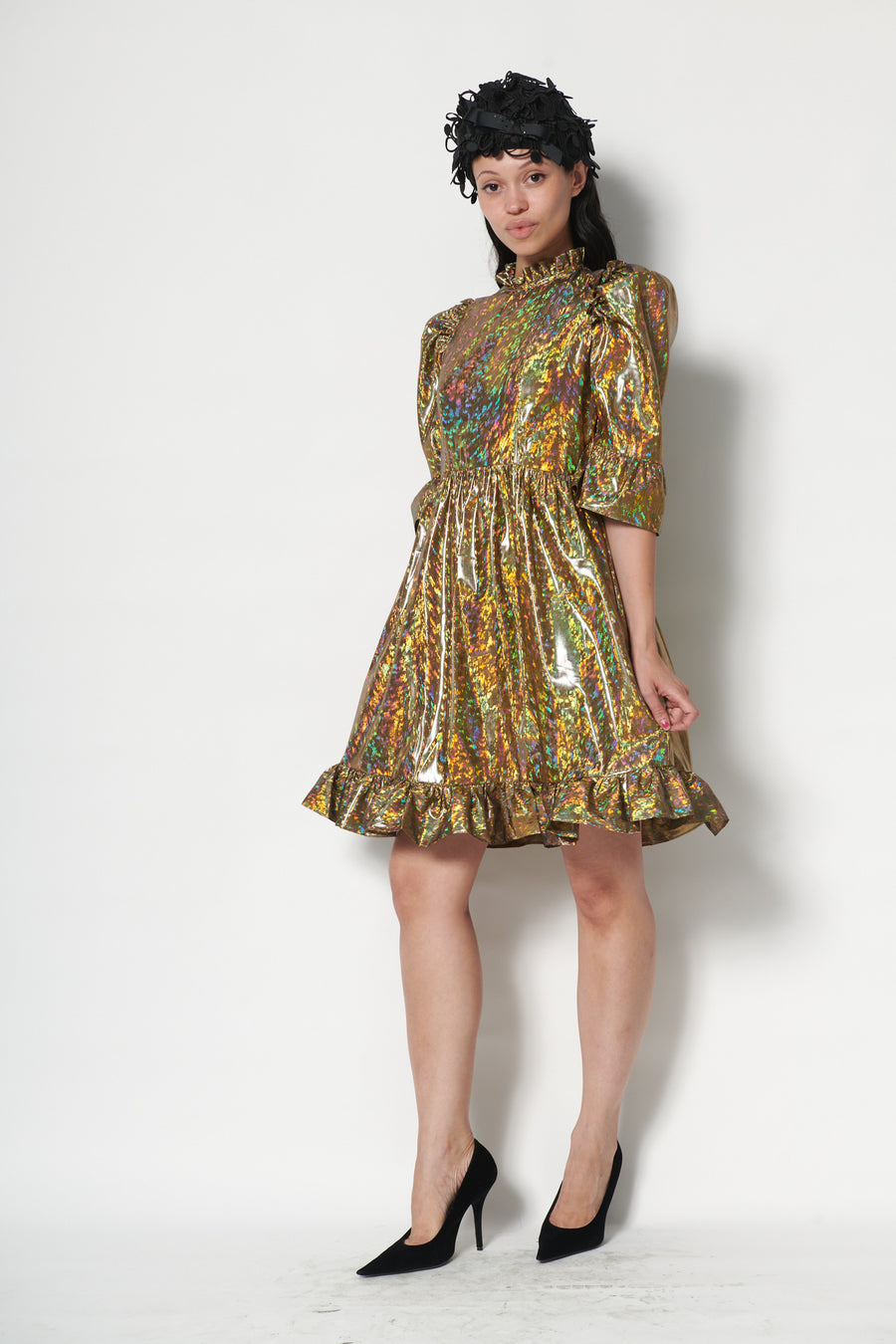 Spring Prairie Dress in Gold Holographic Lam BATSHEVA Spring Prairie Dress in Gold Holographic Lam BATSHEVA