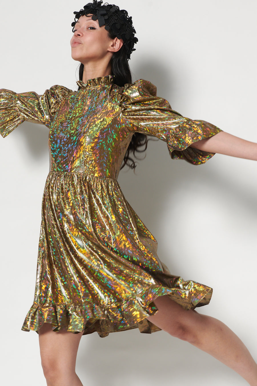 Spring Prairie Dress in Gold Holographic Lam BATSHEVA Spring Prairie Dress in Gold Holographic Lam BATSHEVA
