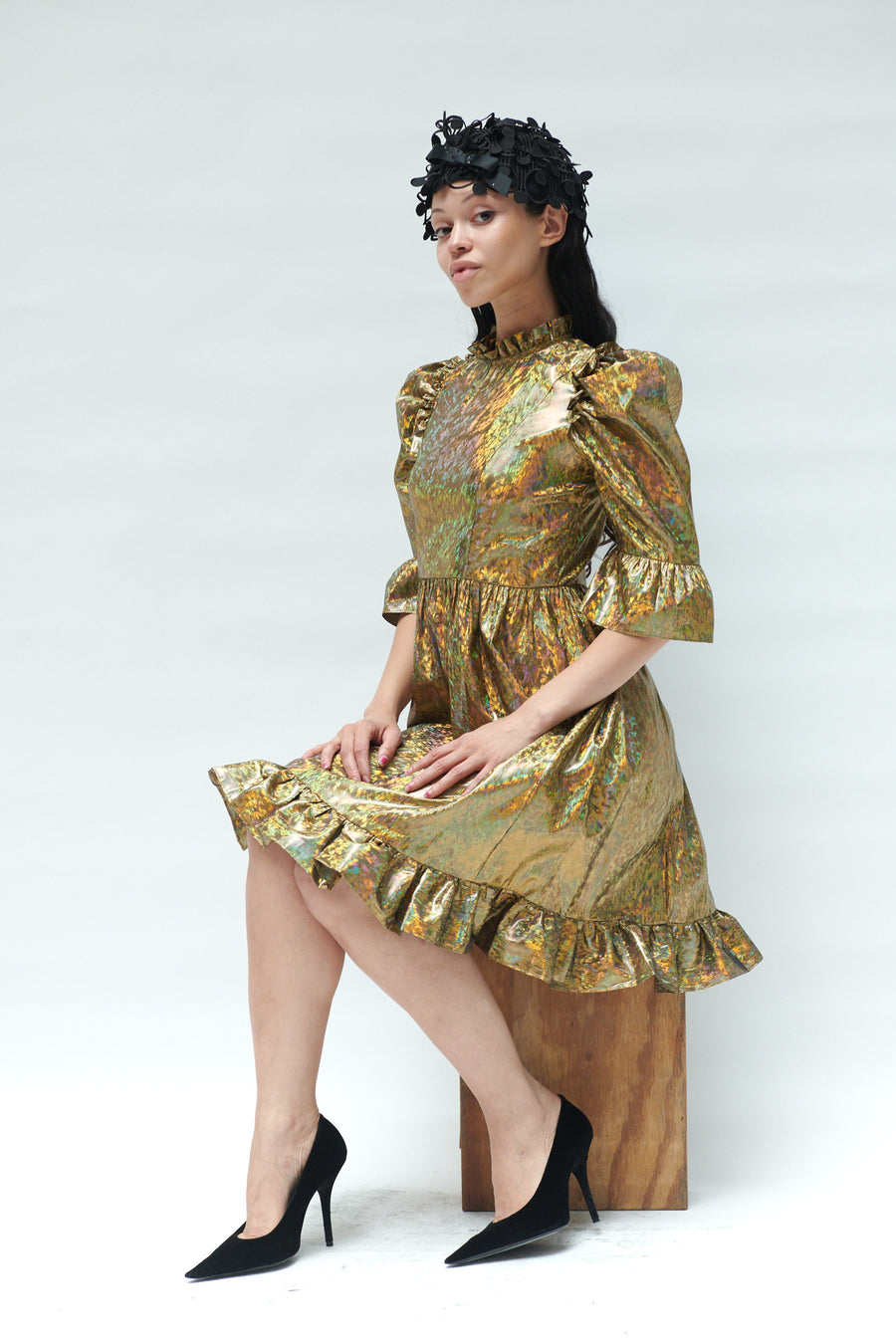 Spring Prairie Dress in Gold Holographic Lam BATSHEVA Spring Prairie Dress in Gold Holographic Lam BATSHEVA