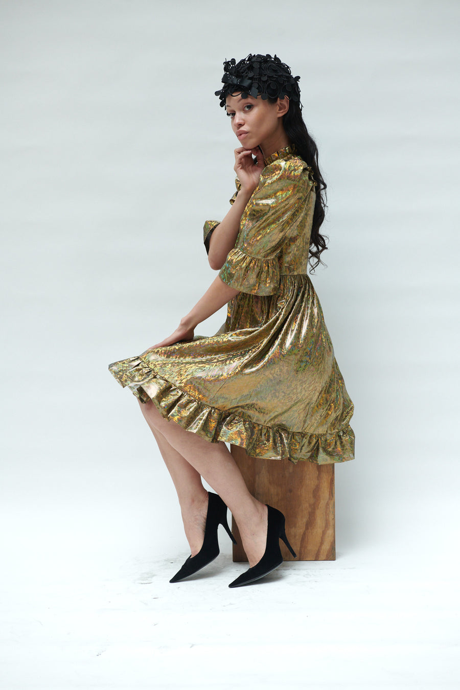 Spring Prairie Dress in Gold Holographic Lam BATSHEVA Spring Prairie Dress in Gold Holographic Lam BATSHEVA