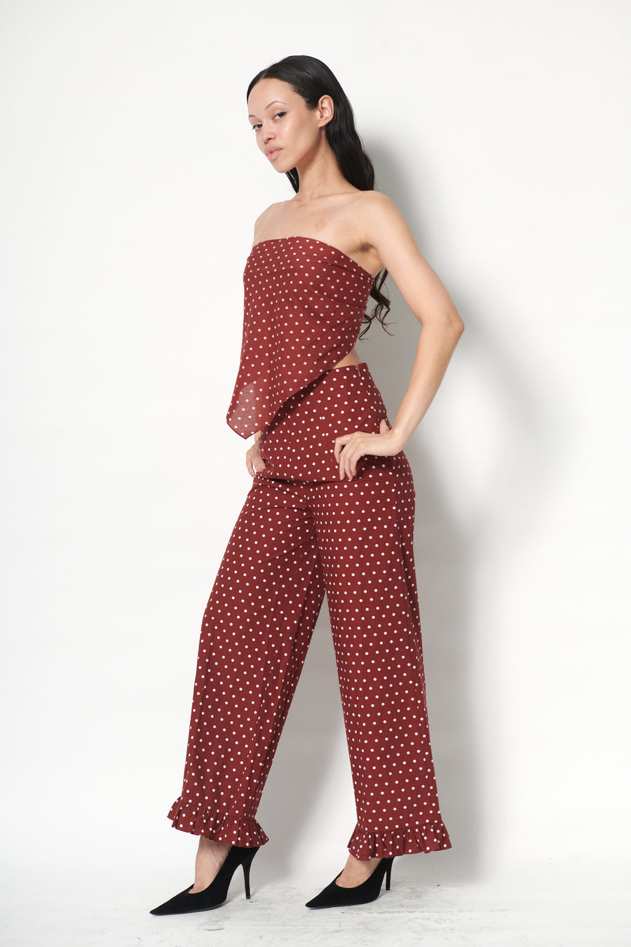 Ruffle Pant in Maroon Dots