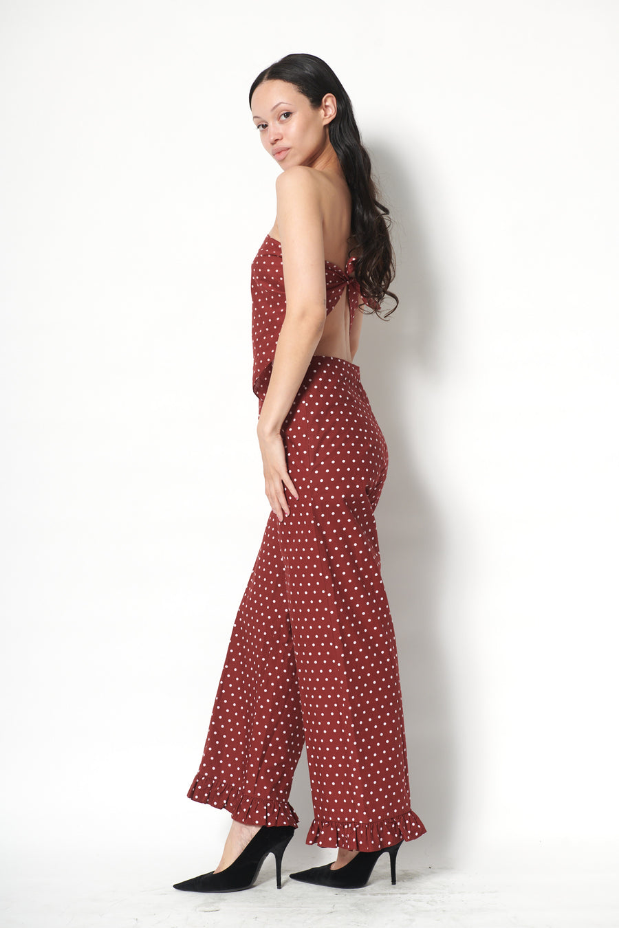 Ruffle Pant in Maroon Dots