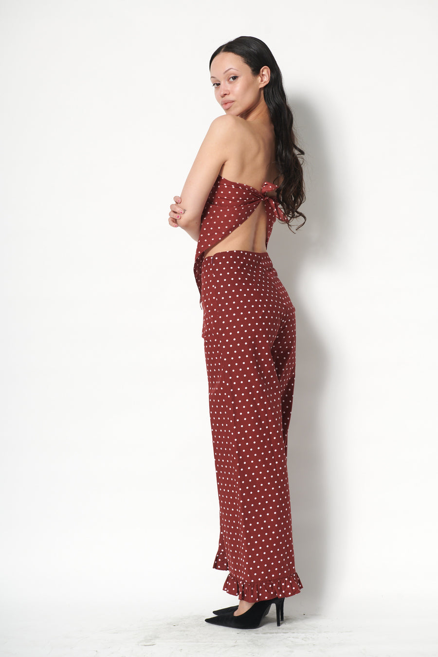 Ruffle Pant in Maroon Dots