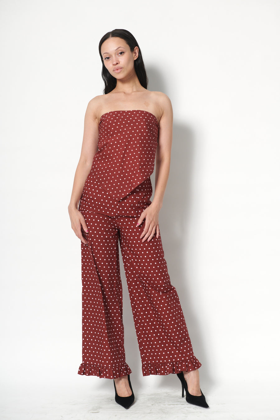Ruffle Pant in Maroon Dots