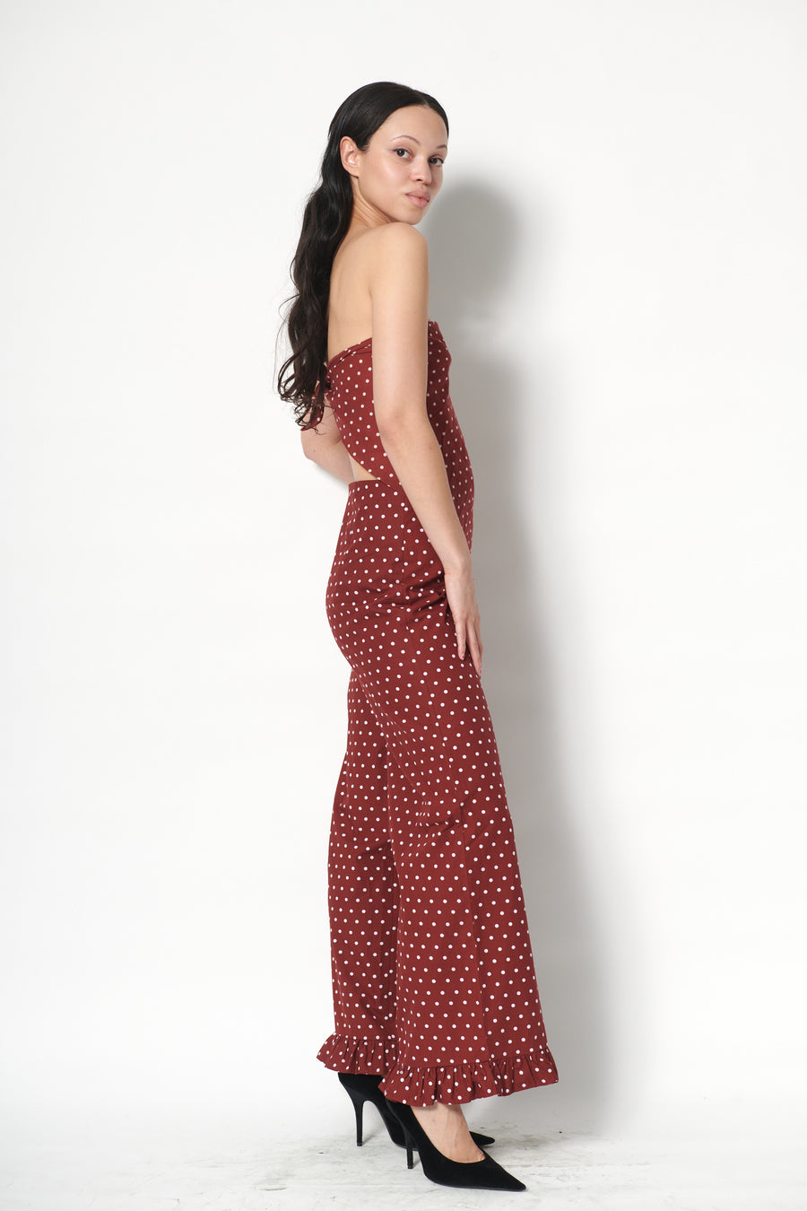 Ruffle Pant in Maroon Dots