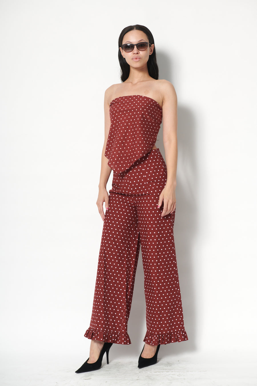 Ruffle Pant in Maroon Dots
