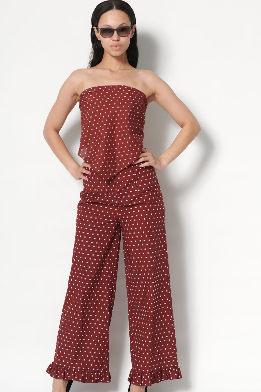 Ruffle Pant in Maroon Dots