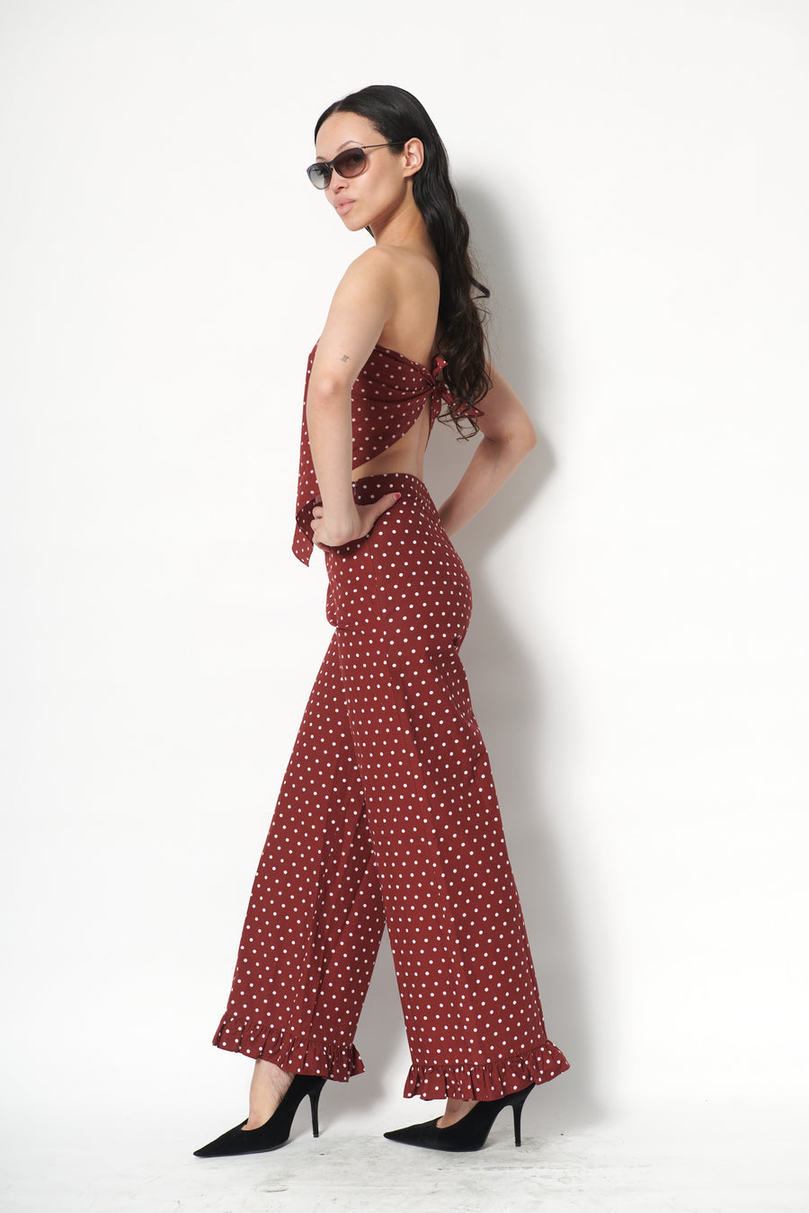 Ruffle Pant in Maroon Dots