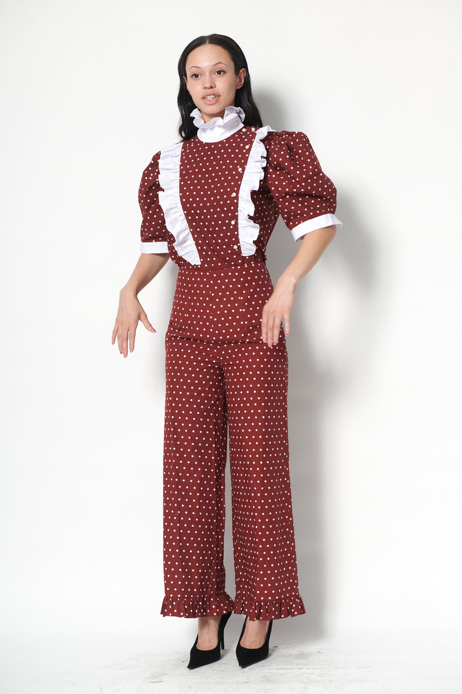 Ruffle Pant in Maroon Dots