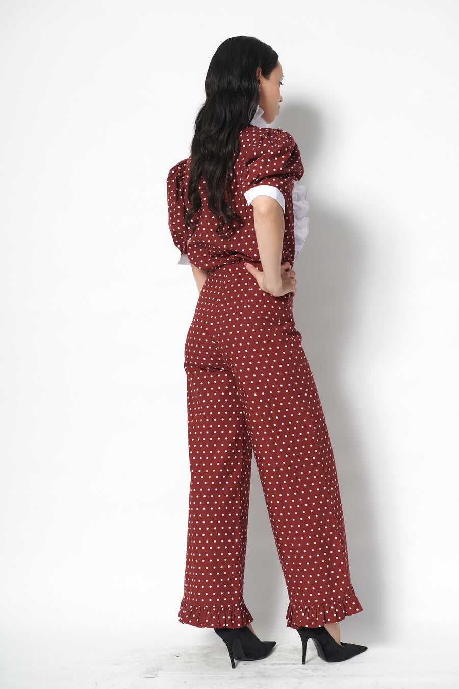 Ruffle Pant in Maroon Dots