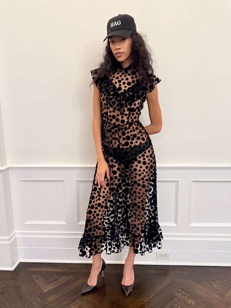 Caroline Dress in Black Flocked Dots