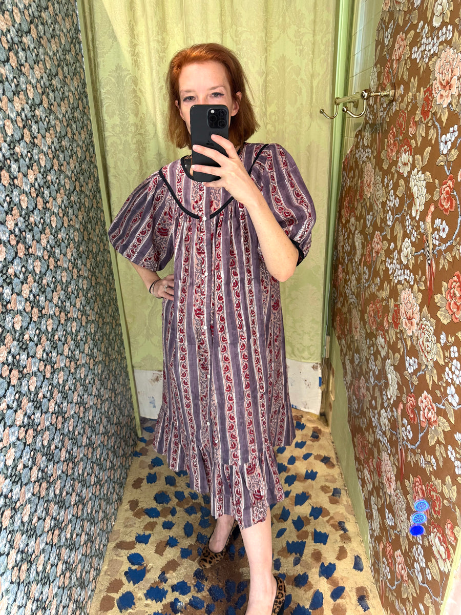 Snap Housedress in Grape Floral with Stripes