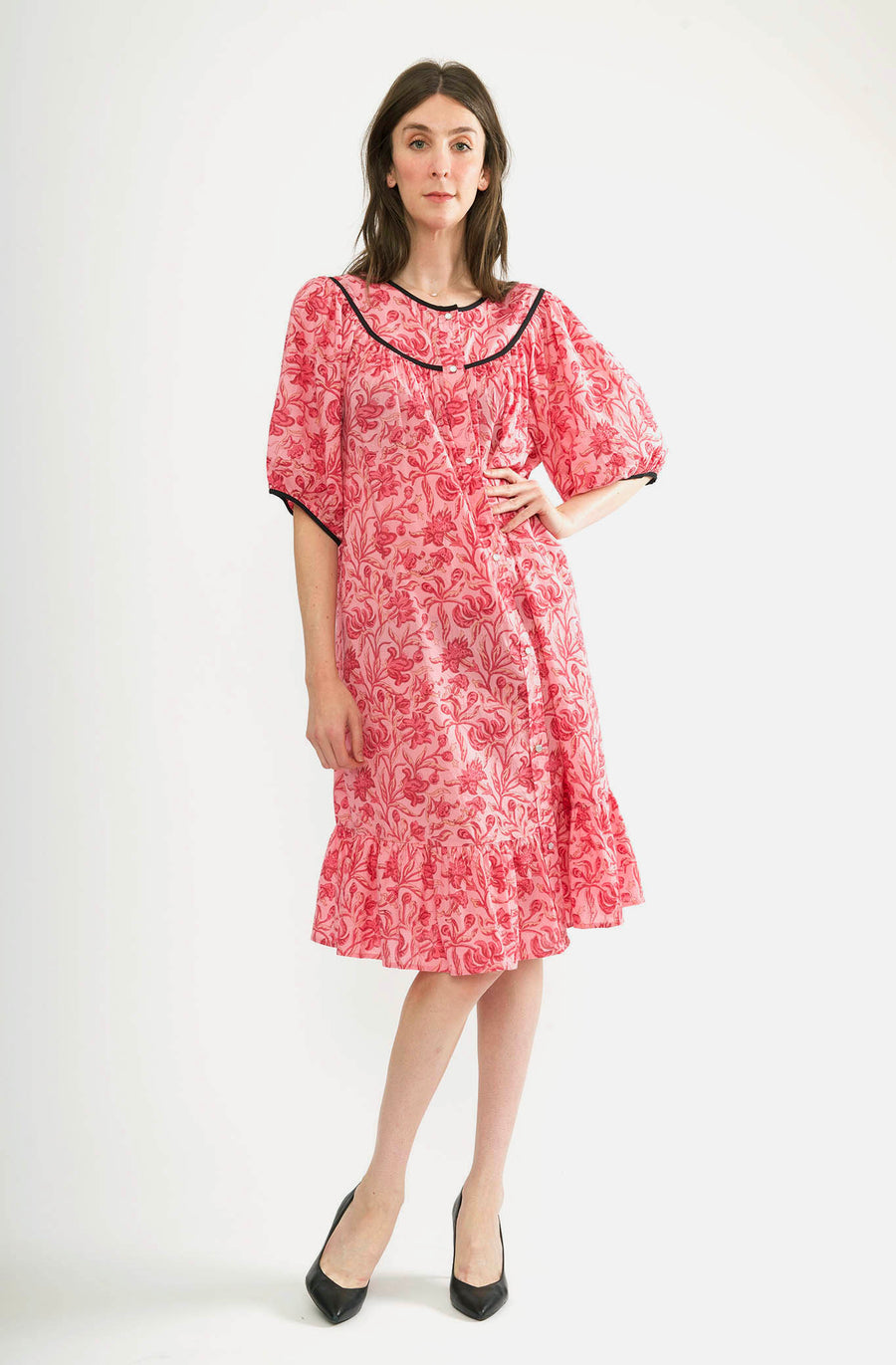 Snap Housedress in Pink Floral Block Print