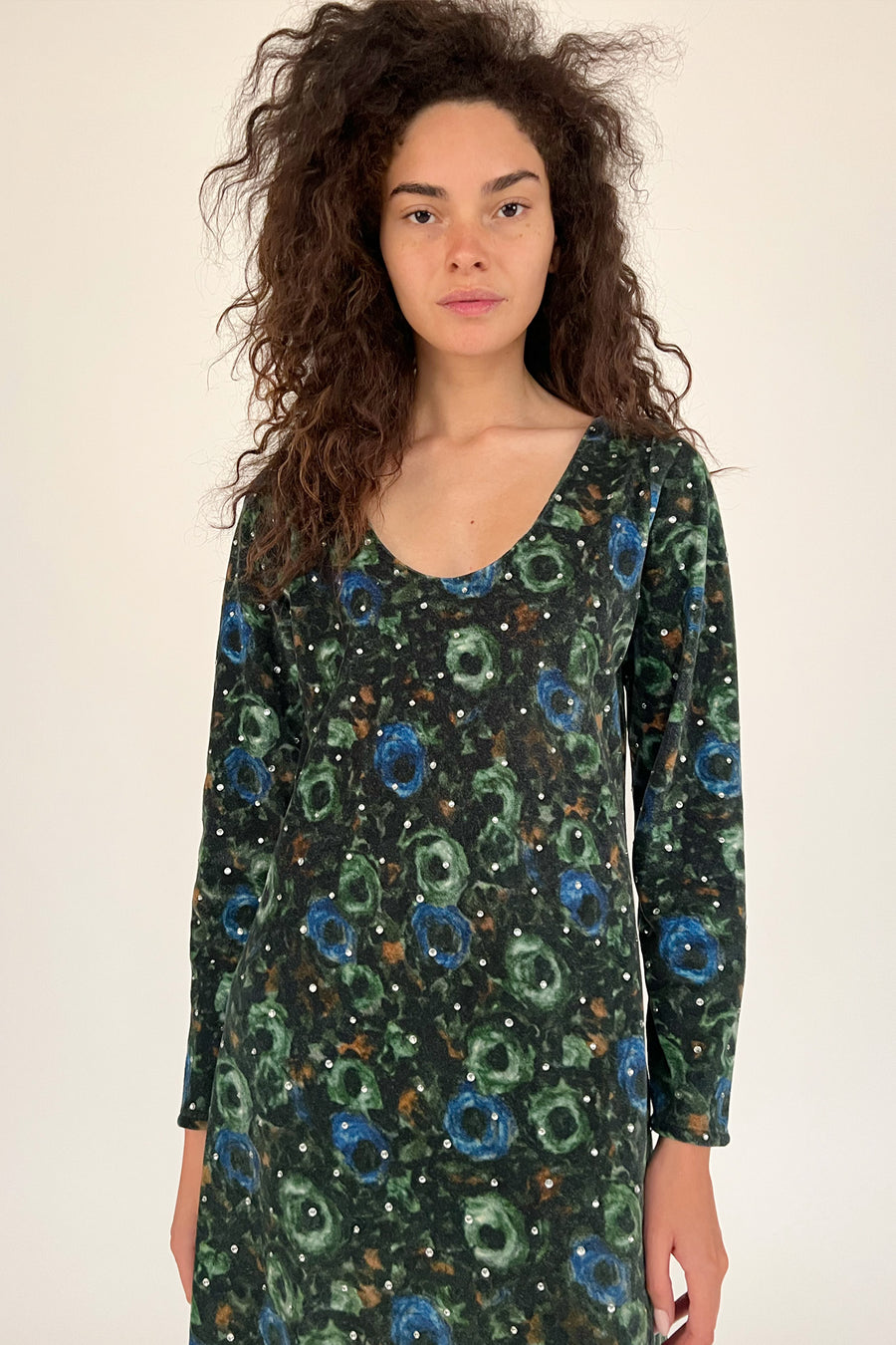 Sample Sale Rhinestone Maxi Dress in Green Floral Velvet