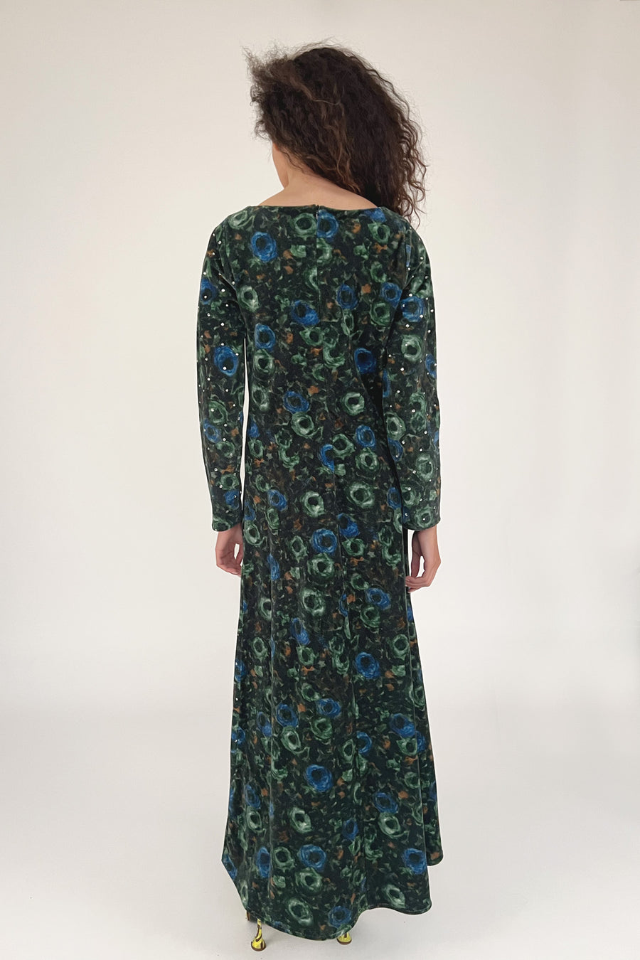 Sample Sale Rhinestone Maxi Dress in Green Floral Velvet