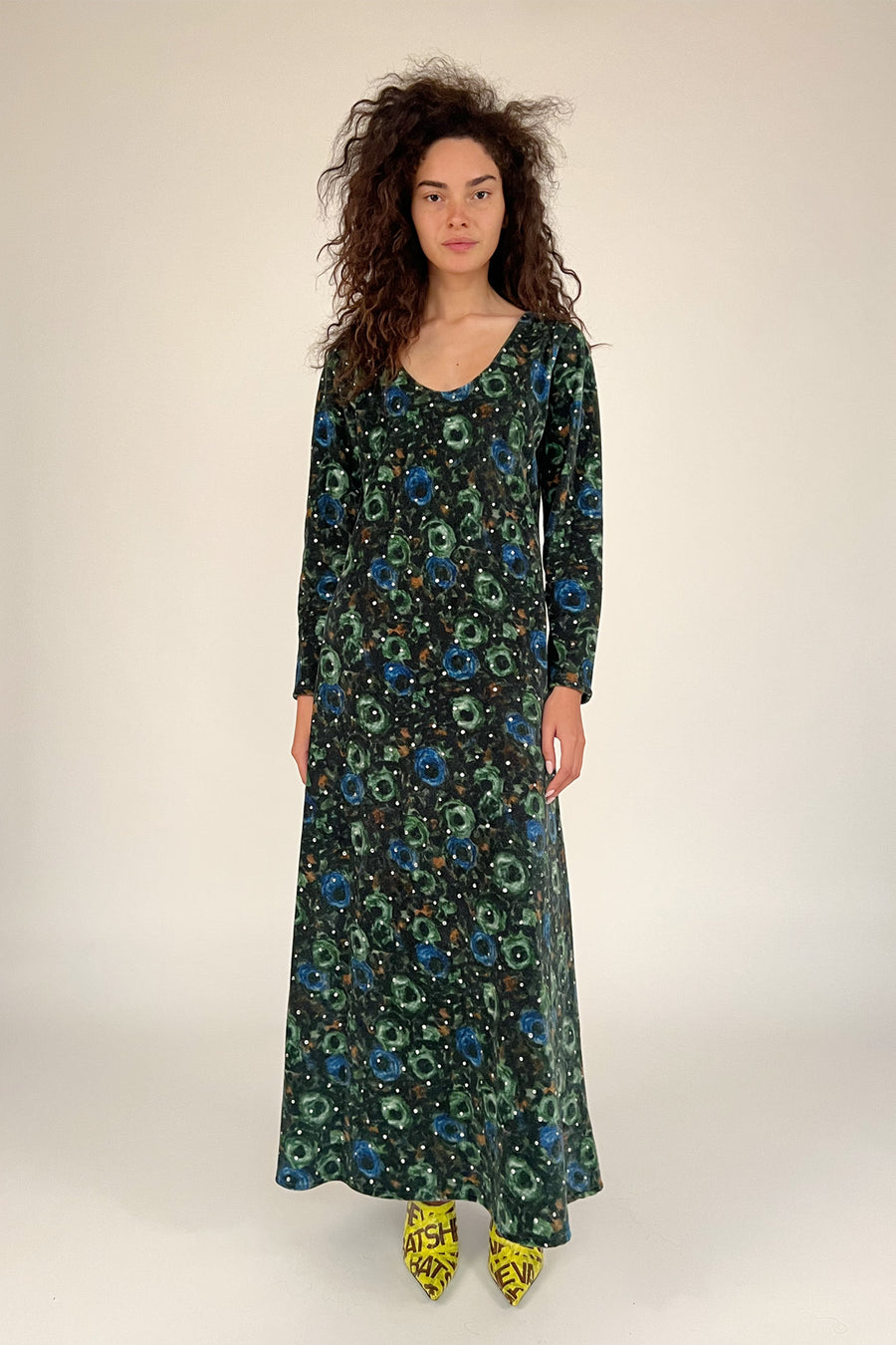 Sample Sale Rhinestone Maxi Dress in Green Floral Velvet