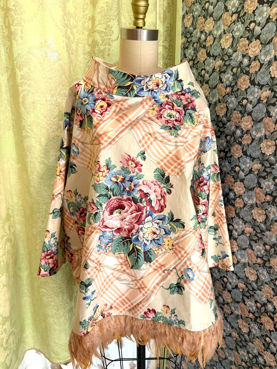 Abigail Coatdress in Trompe L'Oeil Upholstery with Pink Feathers