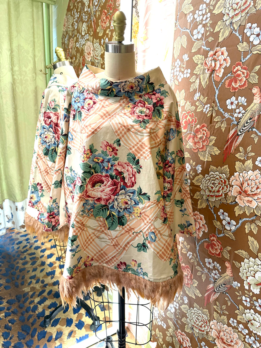 Abigail Coatdress in Trompe L'Oeil Upholstery with Pink Feathers