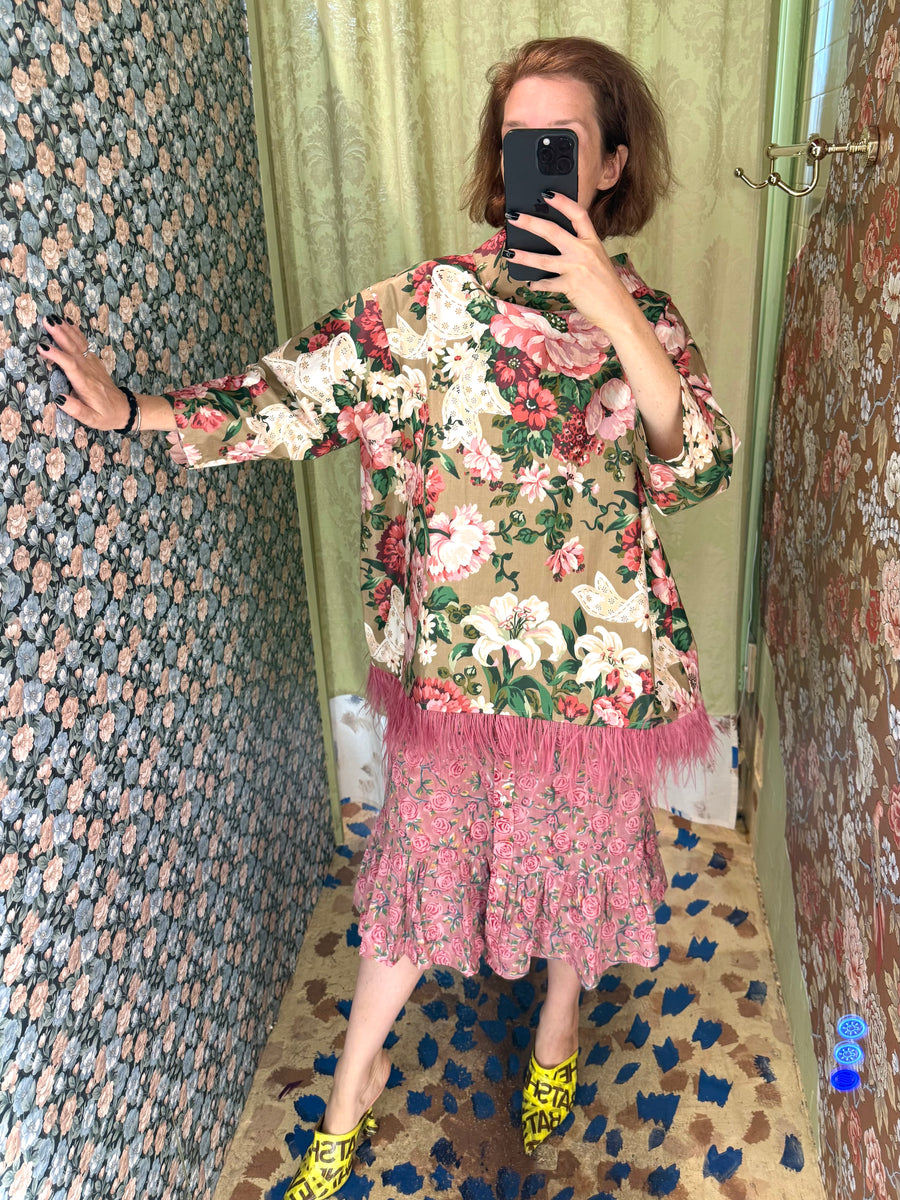 Abigail Coatdress in Rose and Bow Upholstery with Ostrich Feathers