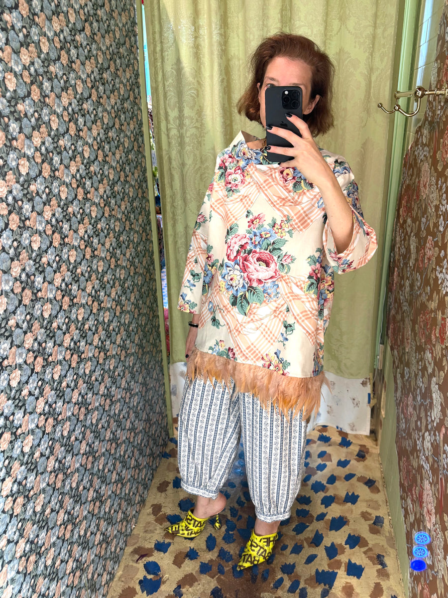 Abigail Coatdress in Trompe L'Oeil Upholstery with Pink Feathers