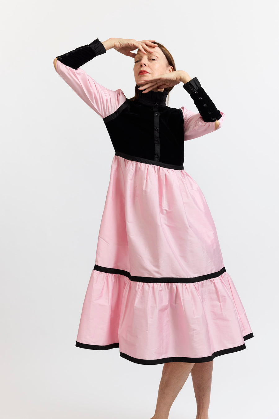 batsheva pink dress Batsheva May Ruffled Lam Midi Dress In Pink