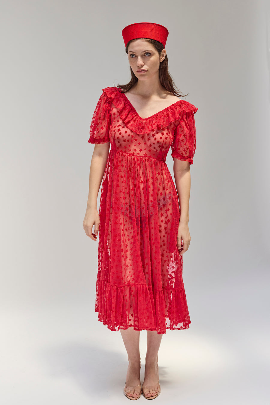 Ruffle May Dress in Red Flocked Star