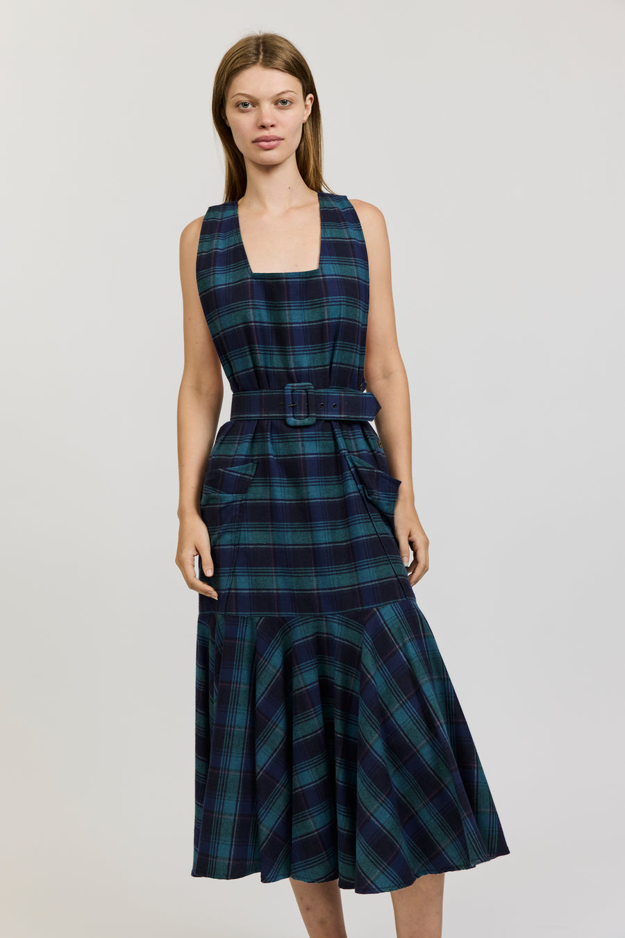 Meredith Dress in Green and Navy Flannel