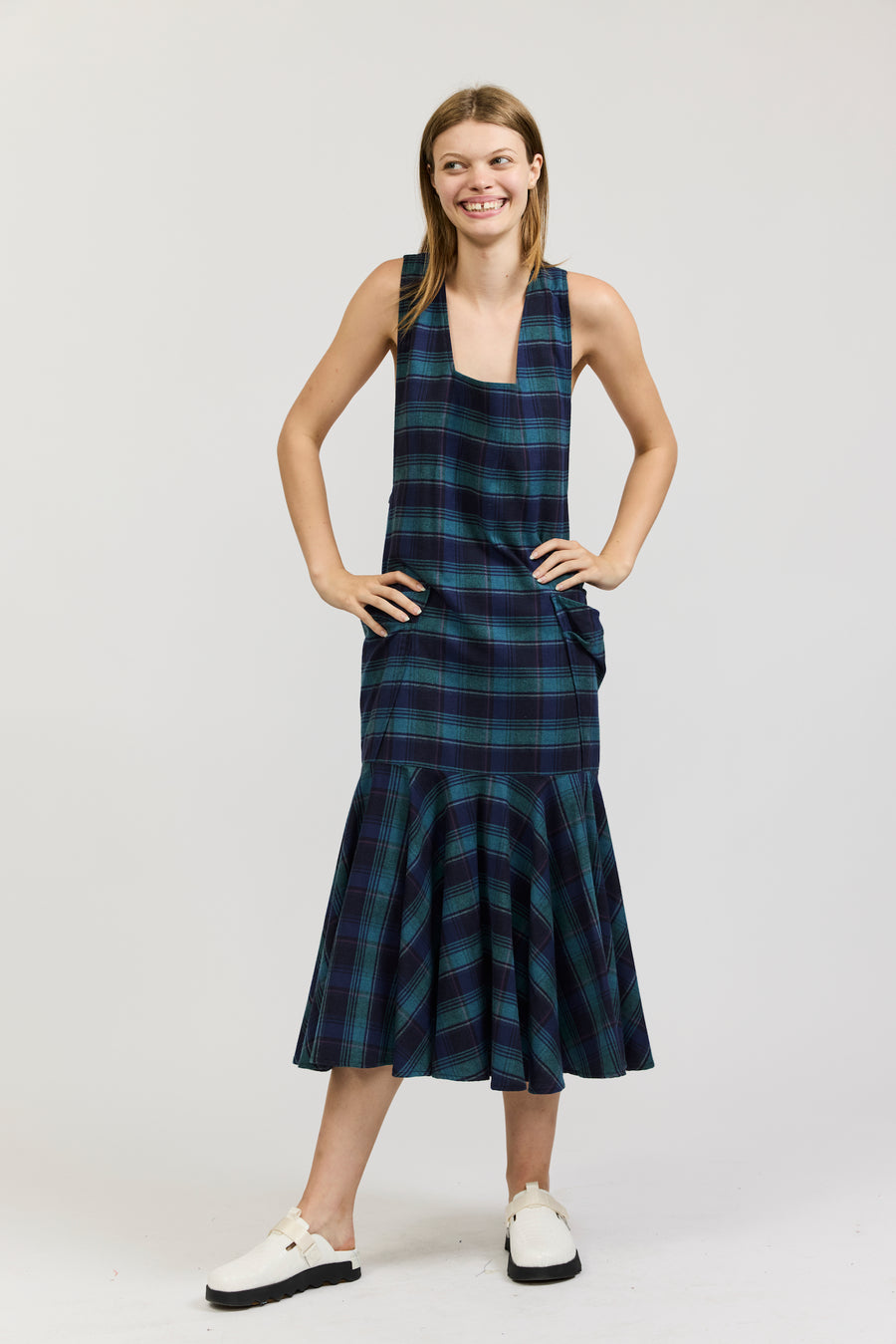 Meredith Dress in Green and Navy Flannel