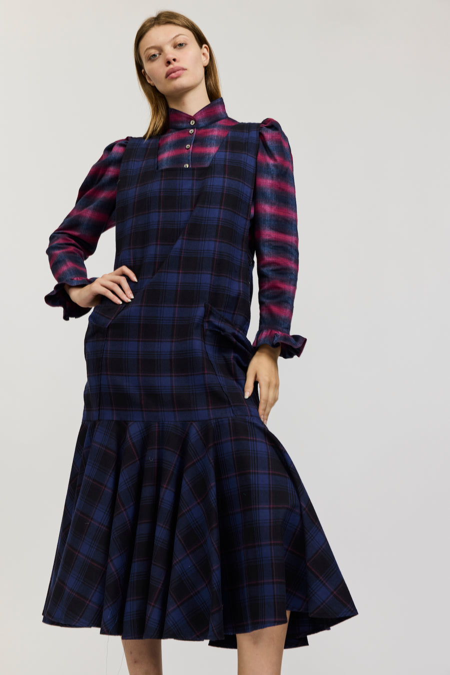 Meredith Dress in Navy and Purple Check Flannel